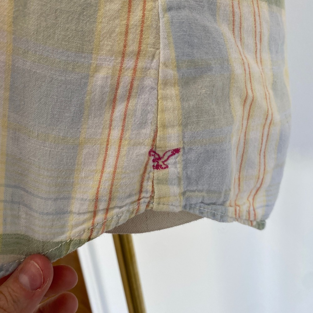 Vintage Y2K American Eagle Pastel Colorful Plaid Button Up Shirt Linen Blend M - Picture 5 of 13